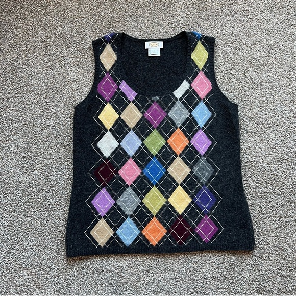 Talbots Charcoal Grey Argyle Lambs Wool Cashmere Blend Sweater Vest, Size Small - Picture 1 of 6